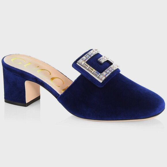 NEW Gucci Crystal Logo Velvet Mules Shoes - Office to Evening, Cocktail, Party - Picture 1 of 15